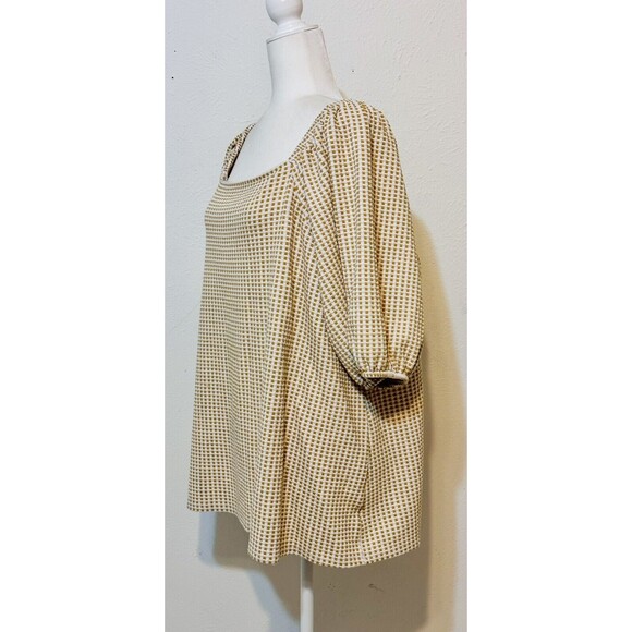 Ava & Viv Plus Size 4X Tan And White Balloon Sleeve Check Print Blouse Boho - Picture 4 of 10